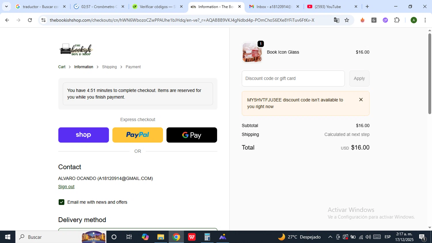 The Bookish Shop discount code screenshot showing code MY5HVTFJU3EE applied at The Bookish Shop checkout page. Uploaded by SimplyCodes community member ThriftyTitan2381 on Dec 17, 2025