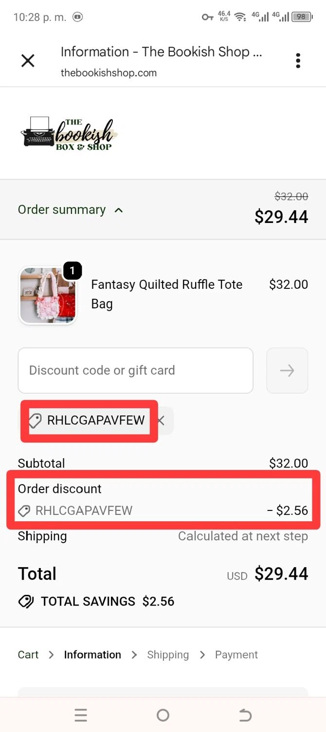 The Bookish Shop discount code screenshot showing code RHLCGAPAVFEW applied at The Bookish Shop checkout page. Uploaded by SimplyCodes community member nileskamarcano on Feb 20, 2026