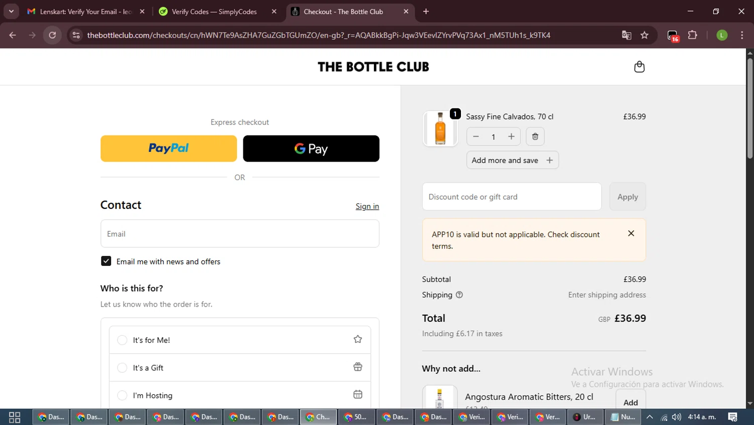 The Bottle Club checkout page showing The Bottle Club discount code box | Screenshot taken by SimplyCodes community member on Jan 11, 2026