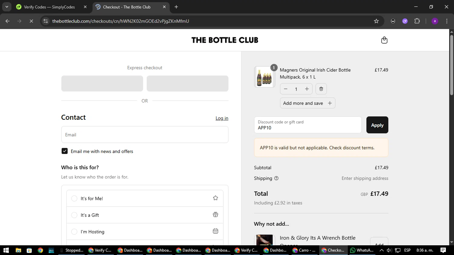 The Bottle Club discount code screenshot showing code APP10 applied at The Bottle Club checkout page. Uploaded by SimplyCodes community member CoinElite8997 on Aug 28, 2025