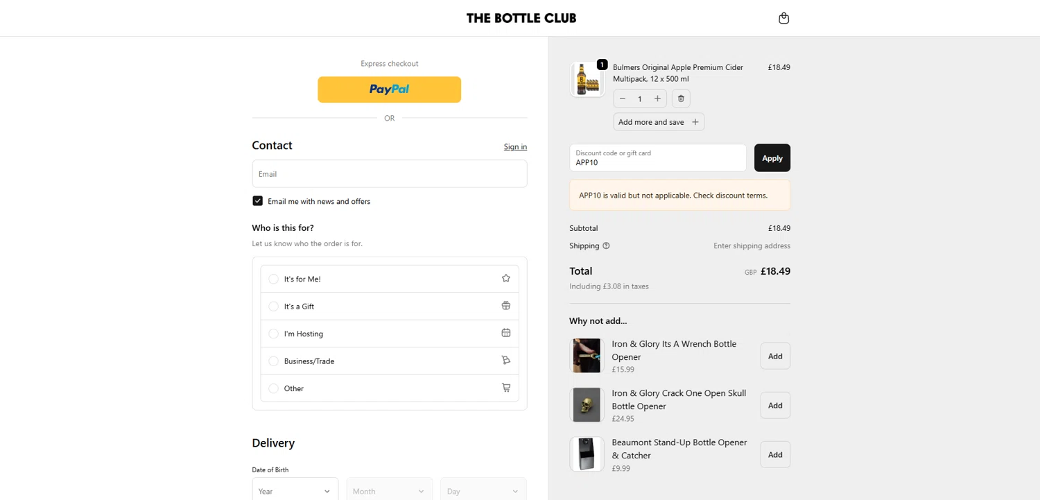 The Bottle Club discount code screenshot showing code APP10 applied at The Bottle Club checkout page. Uploaded by SimplyCodes community member ishidashoya on Sep 26, 2025