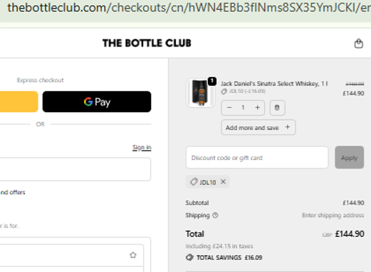 The Bottle Club discount code screenshot showing code JDL10 applied at The Bottle Club checkout page. Uploaded by SimplyCodes community member CashMaestro9337 on Oct 17, 2025