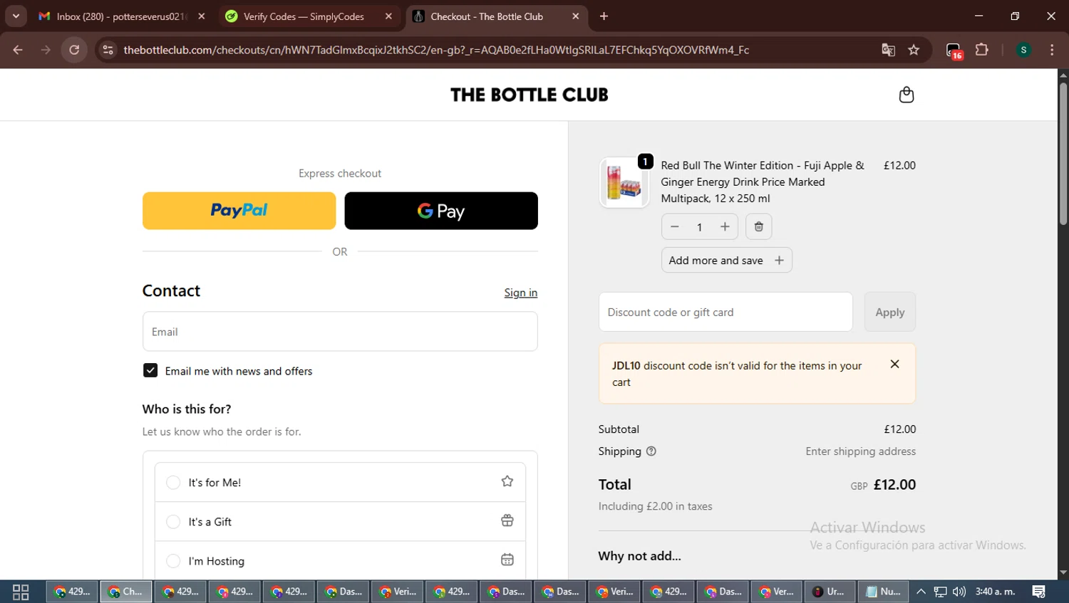 The Bottle Club checkout page showing The Bottle Club discount code box | Screenshot taken by SimplyCodes community member on Jan 11, 2026