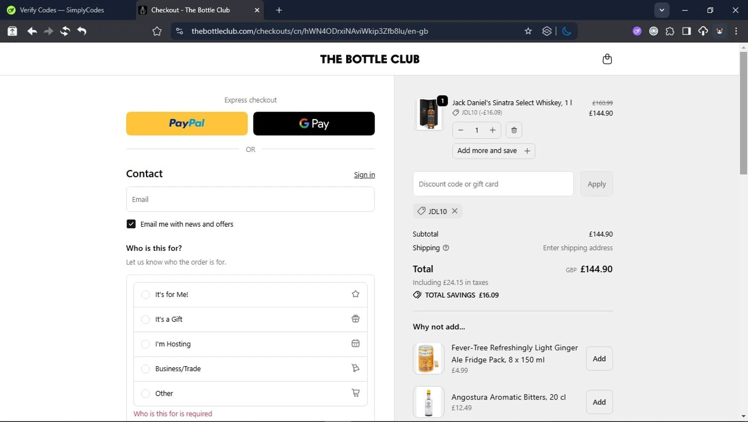 The Bottle Club discount code screenshot showing code JDL10 applied at The Bottle Club checkout page. Uploaded by SimplyCodes community member User_Randon1 on Oct 22, 2025