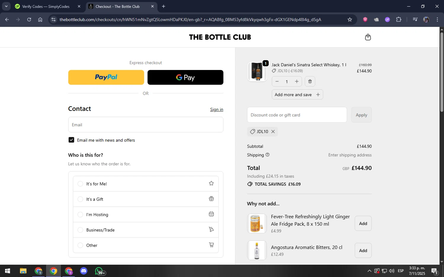 The Bottle Club discount code screenshot showing code JDL10 applied at The Bottle Club checkout page. Uploaded by SimplyCodes community member akamiguel on Nov 7, 2025