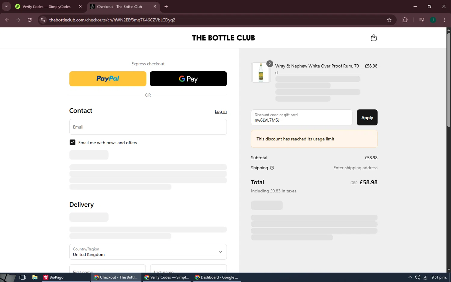 The Bottle Club discount code screenshot showing code nw6LVL7M5J applied at The Bottle Club checkout page. Uploaded by SimplyCodes community member MoneySpotter5416 on Aug 26, 2025