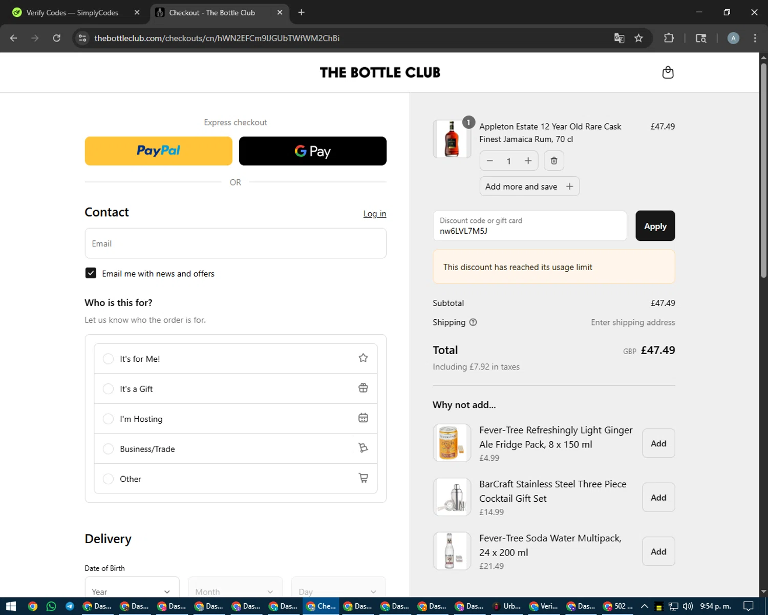 The Bottle Club discount code screenshot showing code nw6LVL7M5J applied at The Bottle Club checkout page. Uploaded by SimplyCodes community member trippieredd on Aug 26, 2025