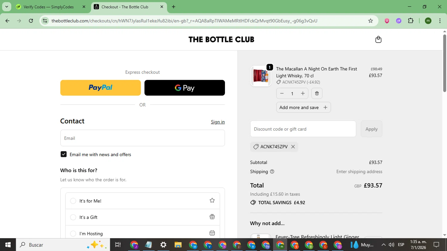 The Bottle Club checkout page showing The Bottle Club discount code box | Screenshot taken by SimplyCodes community member on Jan 7, 2026