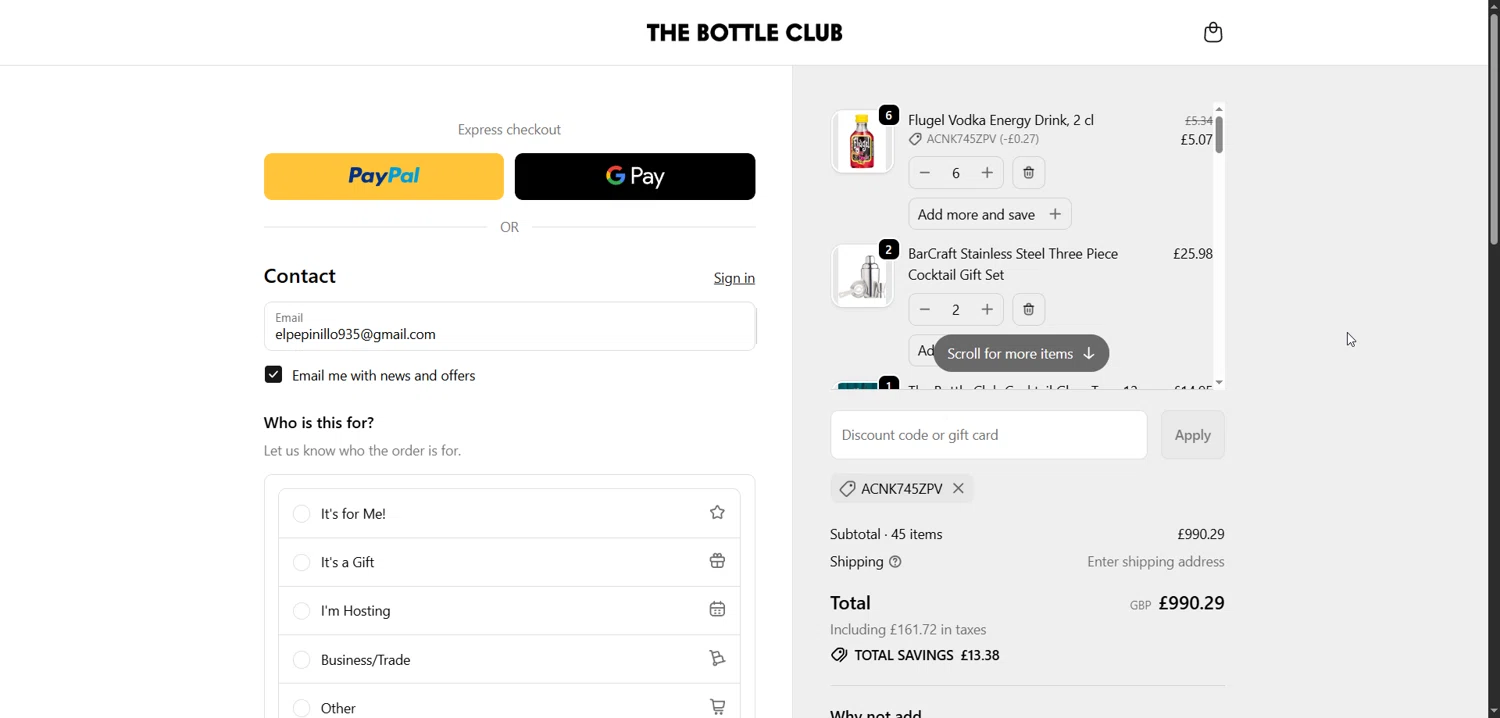 The Bottle Club discount code screenshot showing code acNK745ZPV applied at The Bottle Club checkout page. Uploaded by SimplyCodes community member Enmanuel99 on Jan 7, 2026