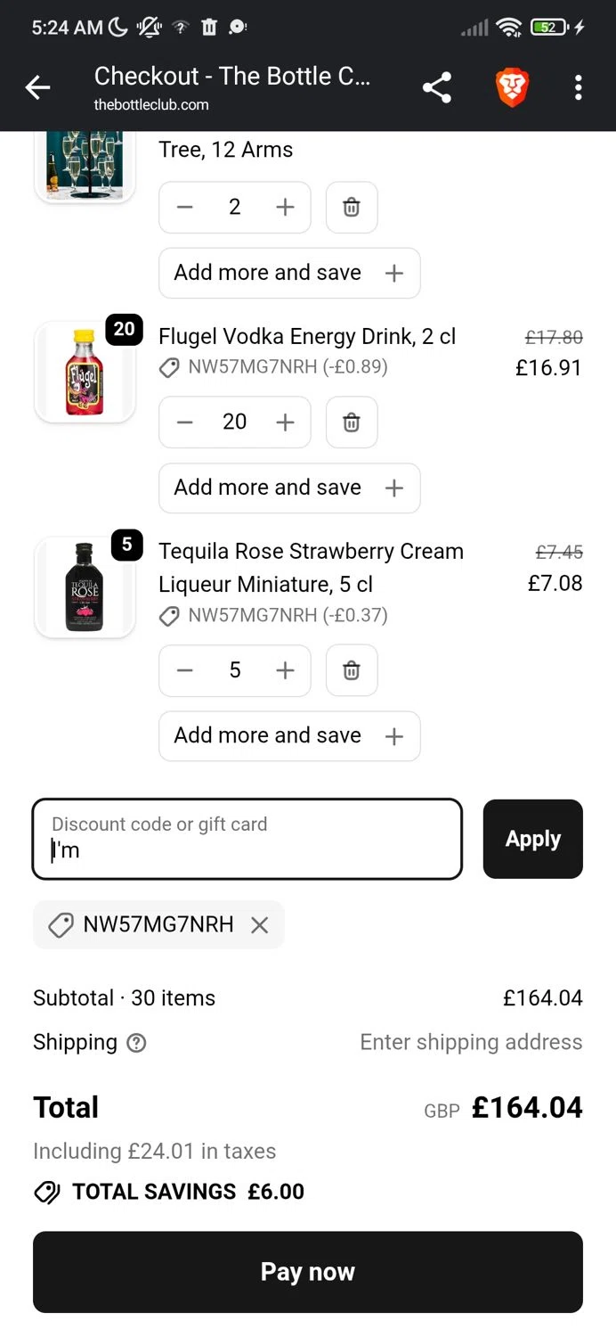 The Bottle Club discount code screenshot showing code nw57MG7NRH applied at The Bottle Club checkout page. Uploaded by SimplyCodes community member Enmanuel99 on Jan 6, 2026