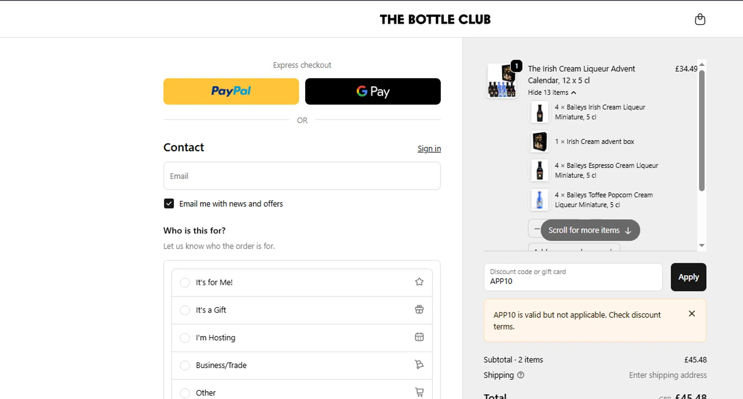 The Bottle Club discount code screenshot showing code APP10 applied at The Bottle Club checkout page. Uploaded by SimplyCodes community member ashe1986 on Nov 3, 2025