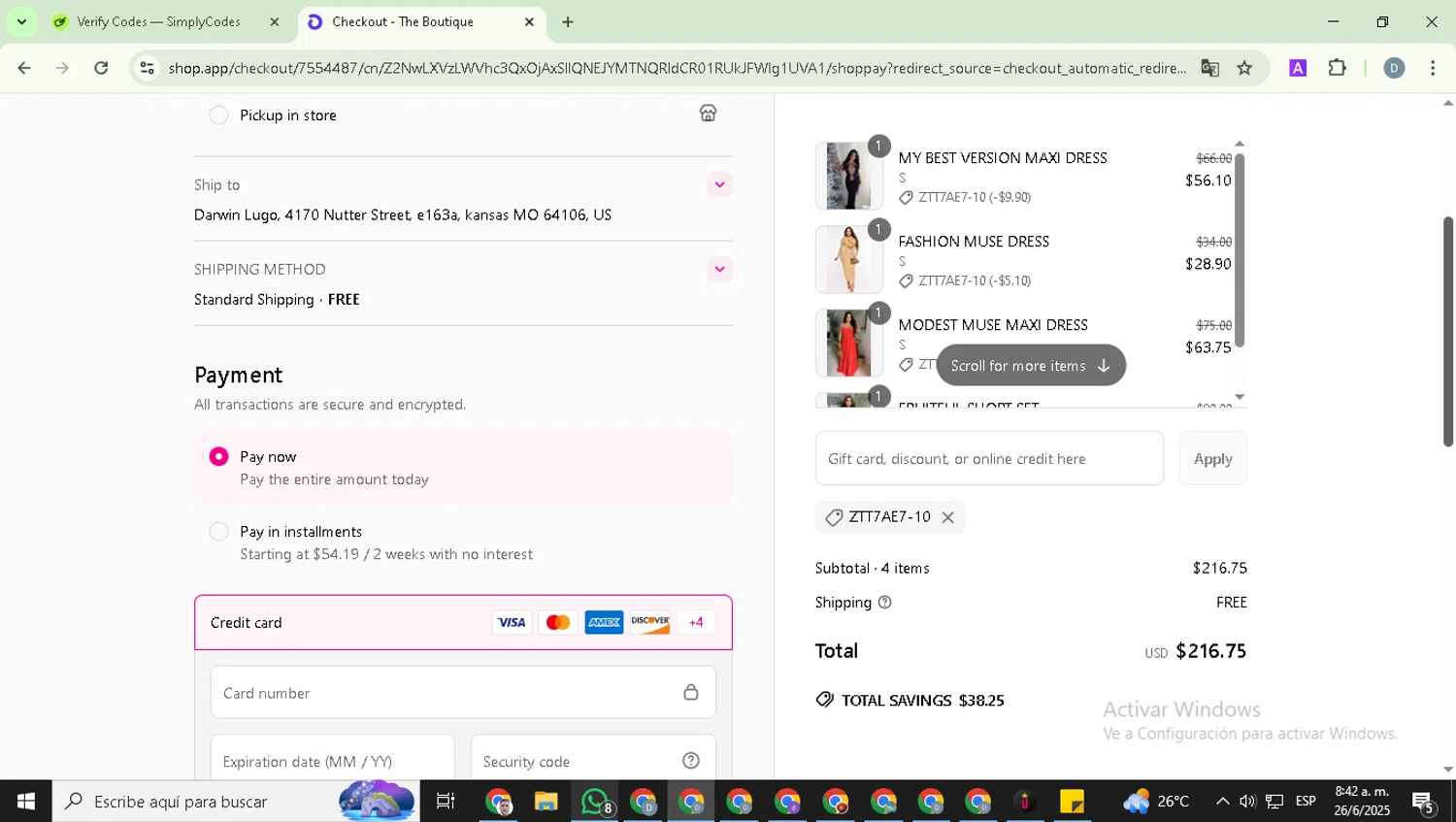 The Boutique coupon code screenshot showing code ZTT7AE7-10 applied at The Boutique checkout page. Uploaded by SimplyCodes community member DealExpert4491 on Jun 26, 2025