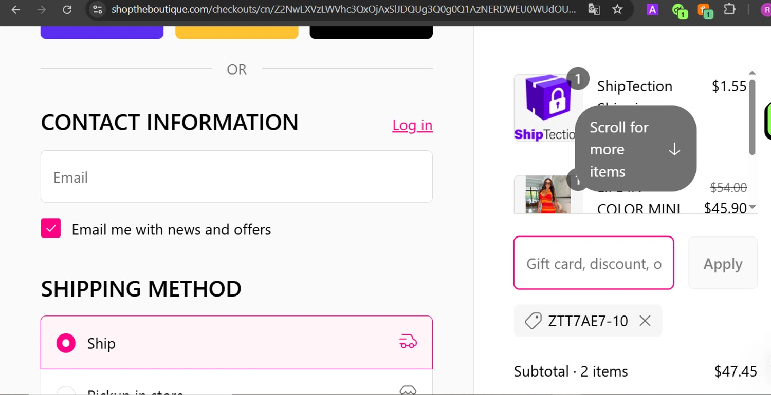 The Boutique coupon code screenshot showing code ZTT7AE7-10 applied at The Boutique checkout page. Uploaded by SimplyCodes community member Marysan on Apr 9, 2025