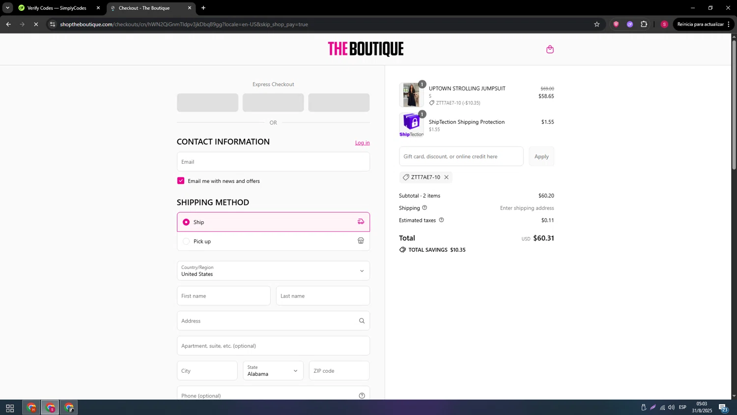 The Boutique coupon code screenshot showing code ZTT7AE7-10 applied at The Boutique checkout page. Uploaded by SimplyCodes community member usenameeeee on Aug 31, 2025