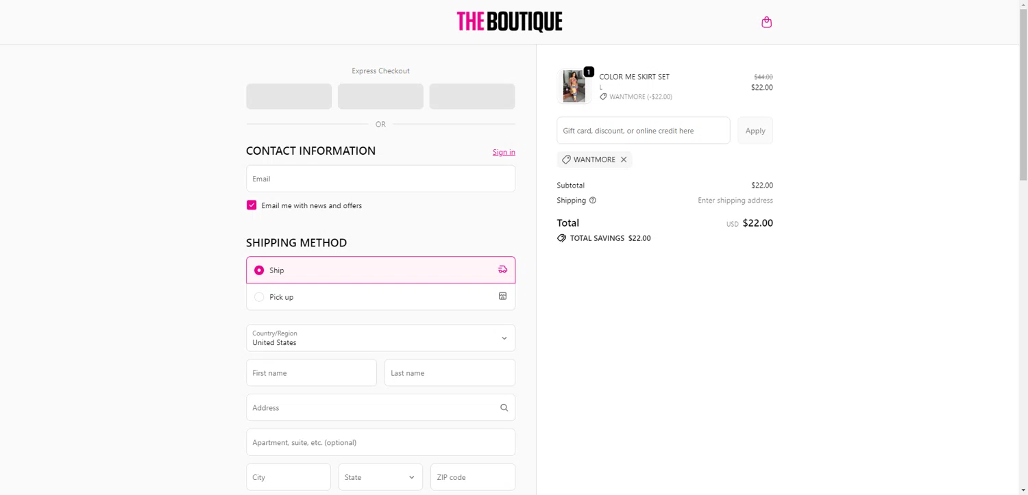 The Boutique coupon code screenshot showing code WANTMORE applied at The Boutique checkout page. Uploaded by SimplyCodes community member CashSentinel5495 on Nov 20, 2025