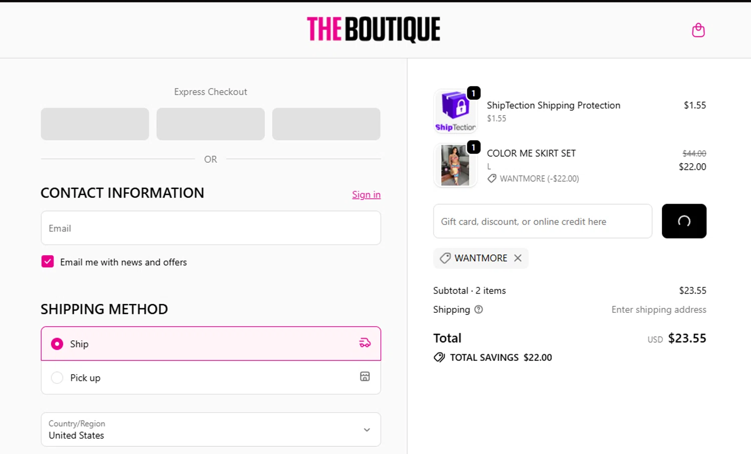 The Boutique coupon code screenshot showing code WANTMORE applied at The Boutique checkout page. Uploaded by SimplyCodes community member YISUZZ on Nov 2, 2025