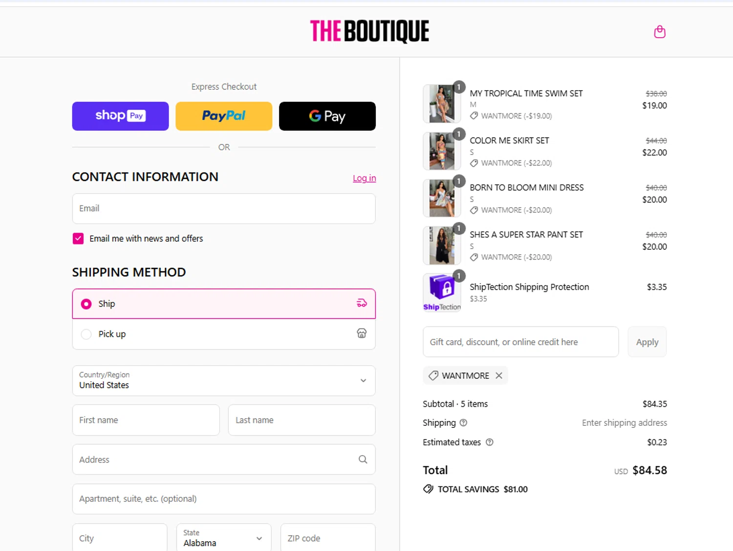The Boutique coupon code screenshot showing code WANTMORE applied at The Boutique checkout page. Uploaded by SimplyCodes community member gilbertrondon on Aug 27, 2025