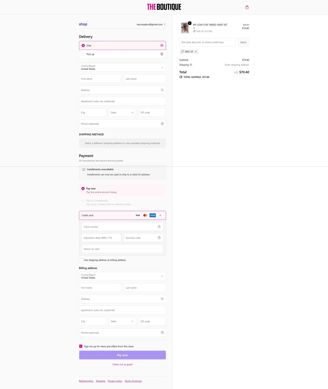 The Boutique coupon code screenshot showing code SMS-20 applied at The Boutique checkout page. Uploaded by SimplyCodes community member DealEagle3415 on Oct 3, 2025