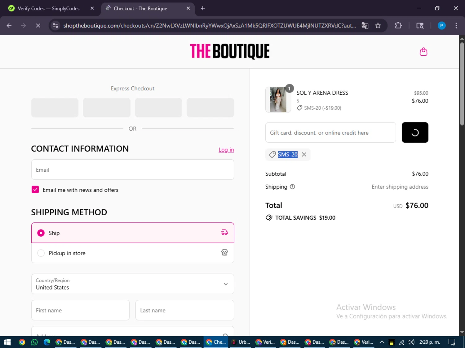 The Boutique coupon code screenshot showing code SMS-20 applied at The Boutique checkout page. Uploaded by SimplyCodes community member juiceWRLD on Jul 14, 2025