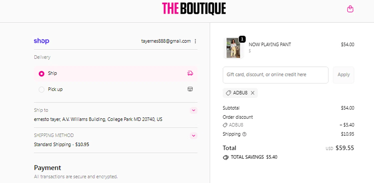 The Boutique coupon code screenshot showing code ADBU8 applied at The Boutique checkout page. Uploaded by SimplyCodes community member Braun007 on Feb 6, 2026