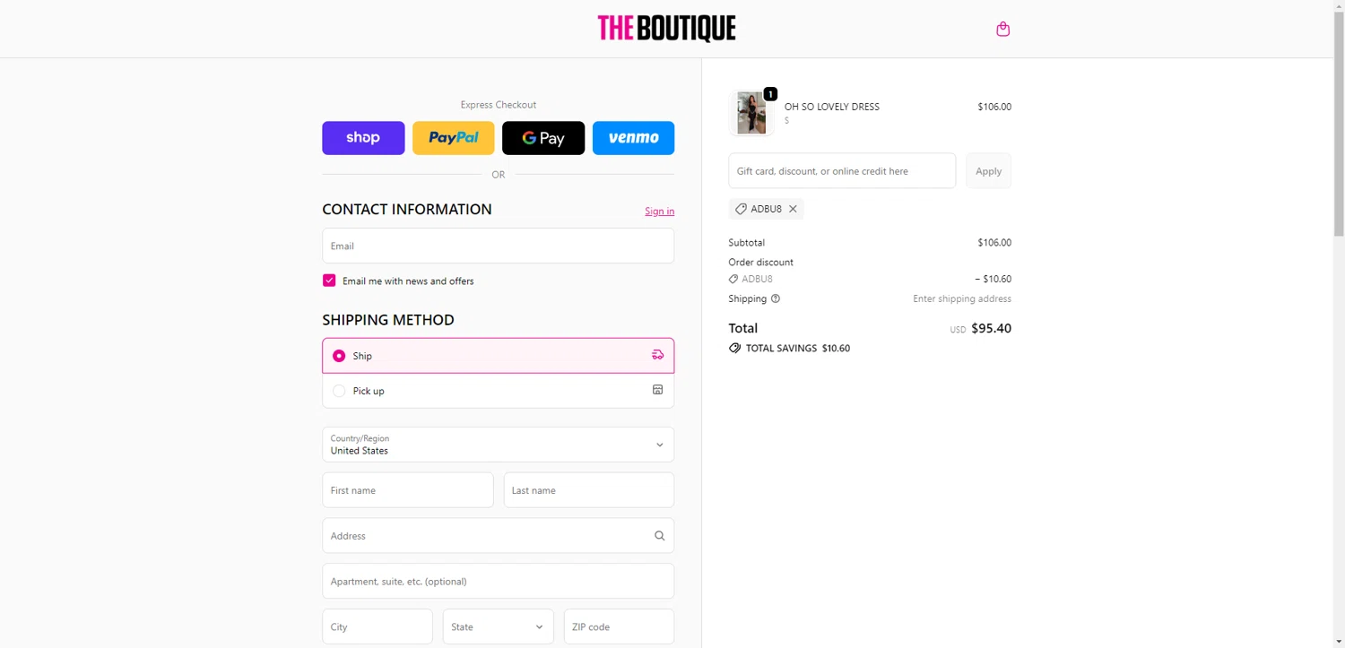 The Boutique coupon code screenshot showing code ADBU8 applied at The Boutique checkout page. Uploaded by SimplyCodes community member PennyRanger8219 on Dec 24, 2025