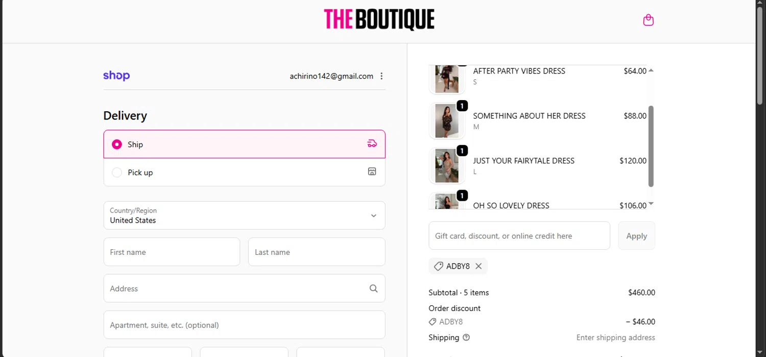 The Boutique coupon code screenshot showing code ADBY8 applied at The Boutique checkout page. Uploaded by SimplyCodes community member DealFinder8915 on Dec 24, 2025