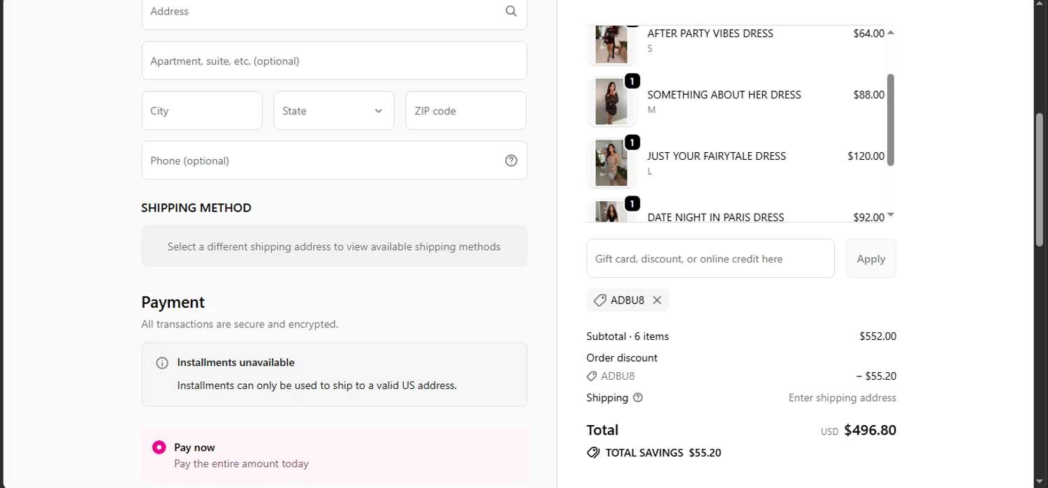The Boutique coupon code screenshot showing code ADBU8 applied at The Boutique checkout page. Uploaded by SimplyCodes community member DealFinder8915 on Dec 24, 2025