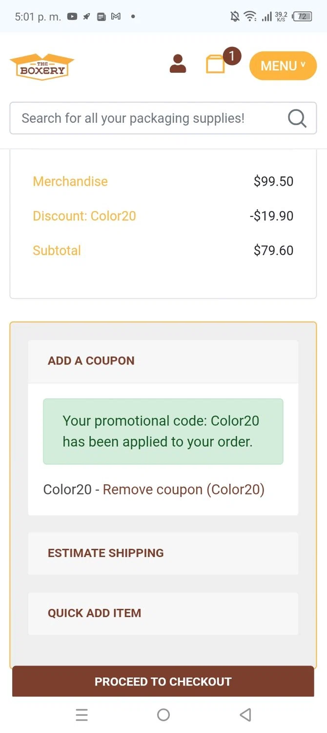 The Boxery checkout page showing The Boxery coupon code box | Screenshot taken by SimplyCodes community member on Dec 17, 2025