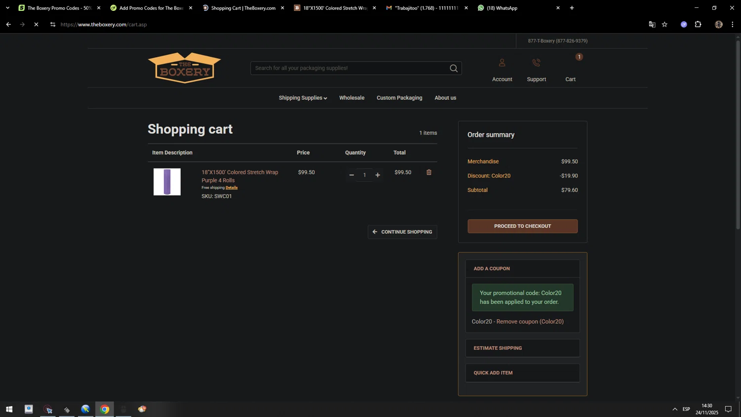 The Boxery coupon code screenshot showing code Color20 applied at The Boxery checkout page. Uploaded by SimplyCodes community member MarcosAranguren on Nov 24, 2025