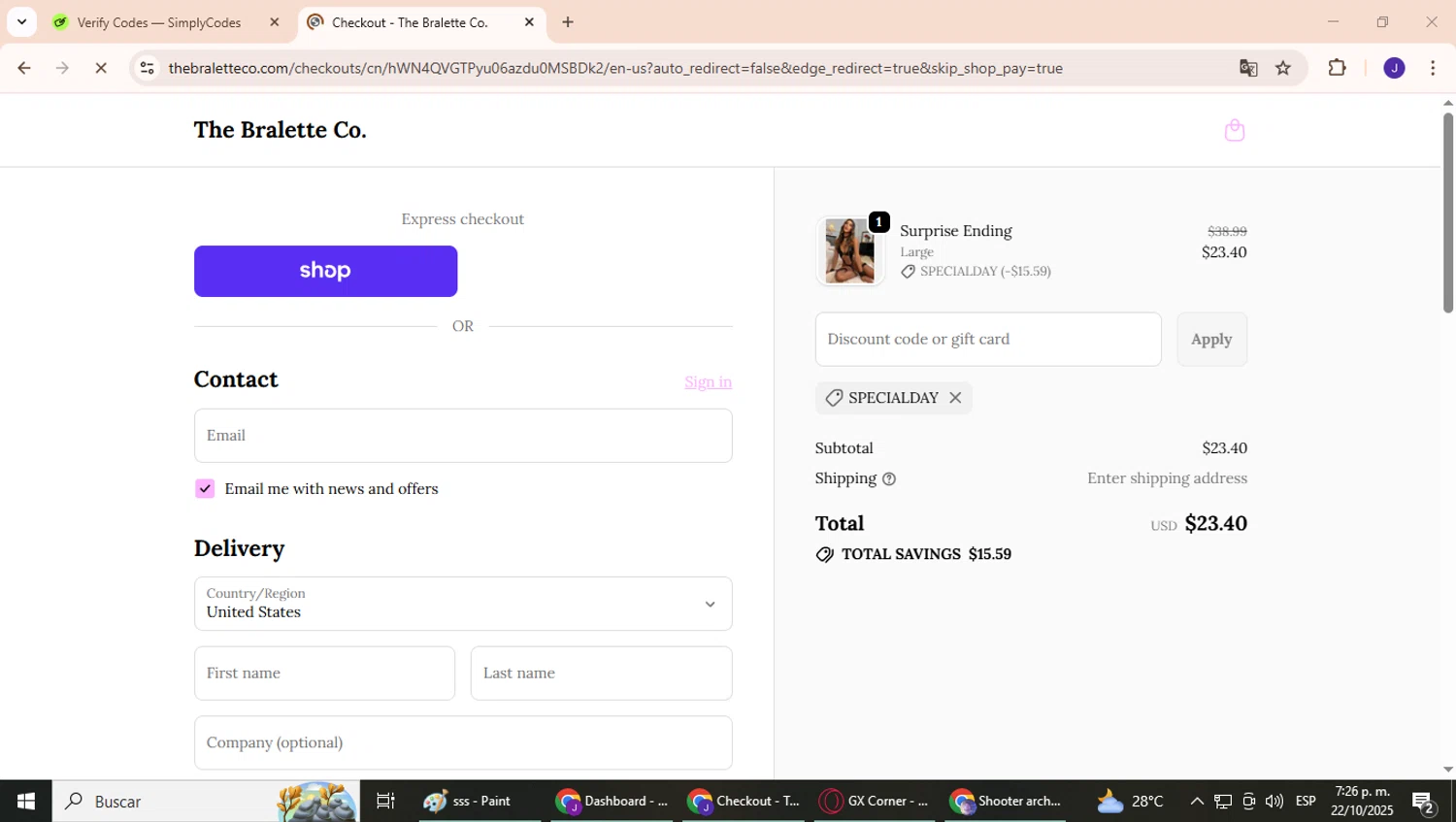 The Bralette Co discount code screenshot showing code SPECIALDAY applied at The Bralette Co checkout page. Uploaded by SimplyCodes community member CrownPhoenix4297 on Oct 22, 2025