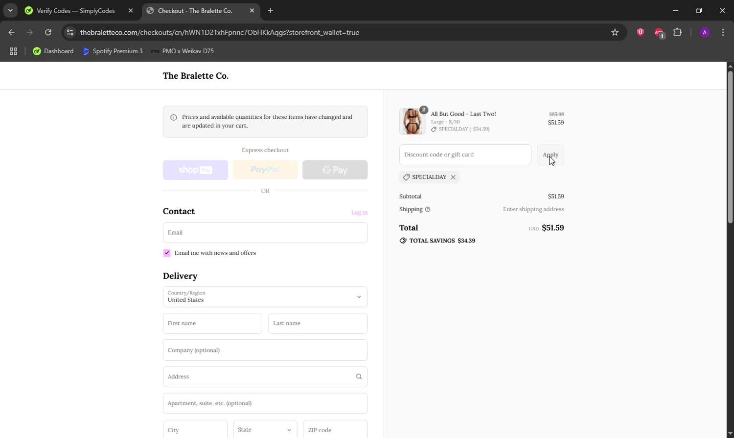The Bralette Co discount code screenshot showing code SPECIALDAY applied at The Bralette Co checkout page. Uploaded by SimplyCodes community member DeathBone on Jul 30, 2025