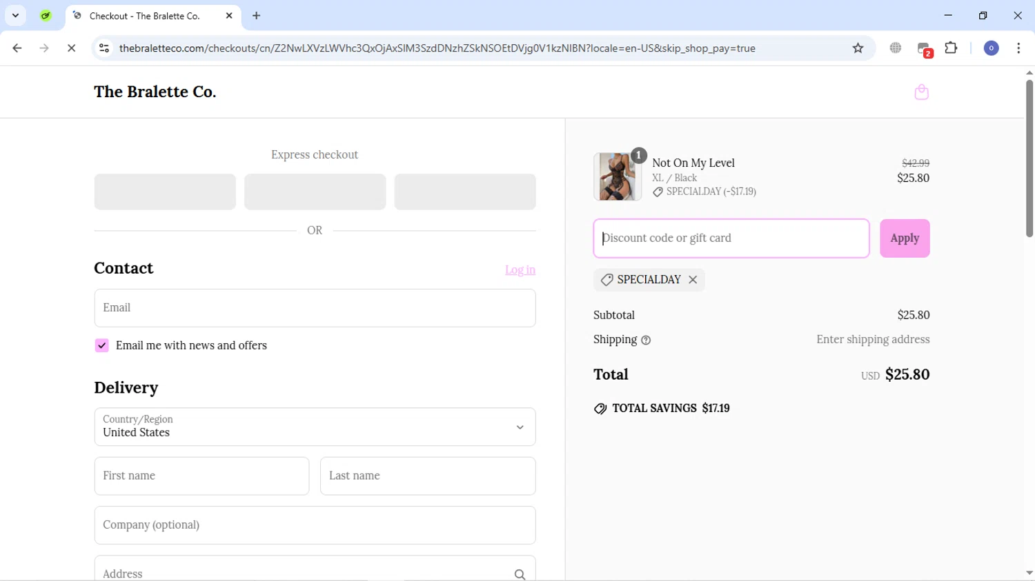 The Bralette Co discount code screenshot showing code SPECIALDAY applied at The Bralette Co checkout page. Uploaded by SimplyCodes community member MightyEagle390 on Apr 19, 2025