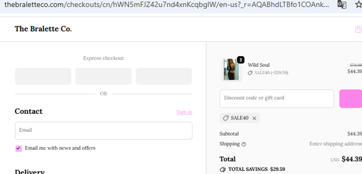 The Bralette Co discount code screenshot showing code SALE40 applied at The Bralette Co checkout page. Uploaded by SimplyCodes community member PennyOwl2559 on Nov 27, 2025