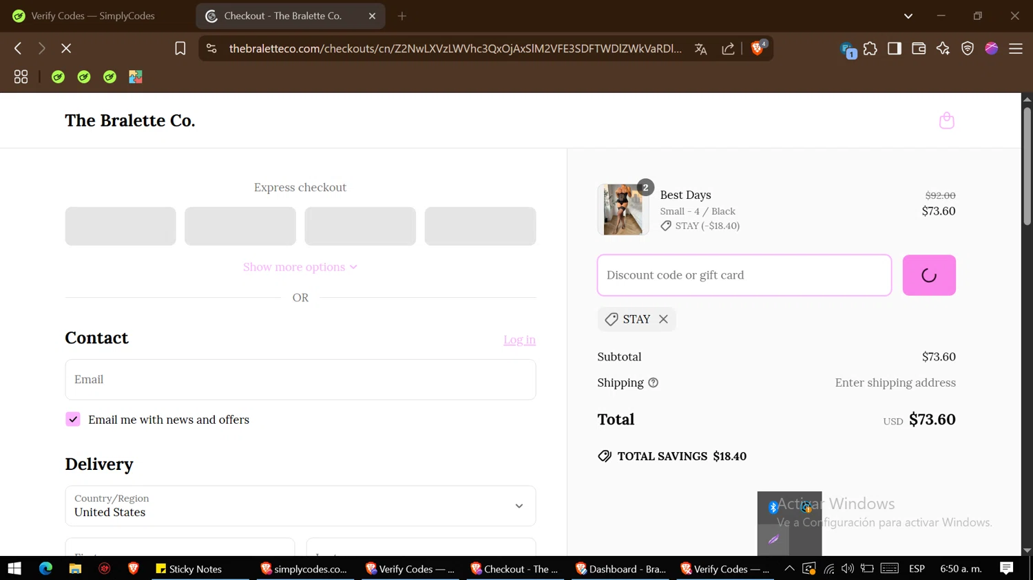 The Bralette Co discount code screenshot showing code STAY applied at The Bralette Co checkout page. Uploaded by SimplyCodes community member BonusHero4456 on Apr 19, 2025