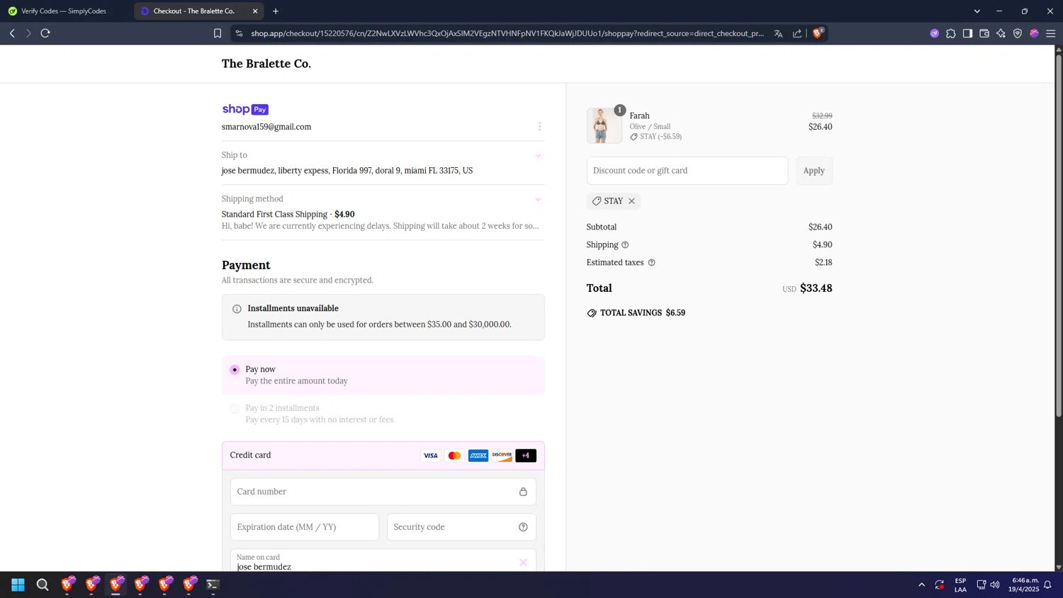 The Bralette Co discount code screenshot showing code STAY applied at The Bralette Co checkout page. Uploaded by SimplyCodes community member diosgreed2030 on Apr 19, 2025