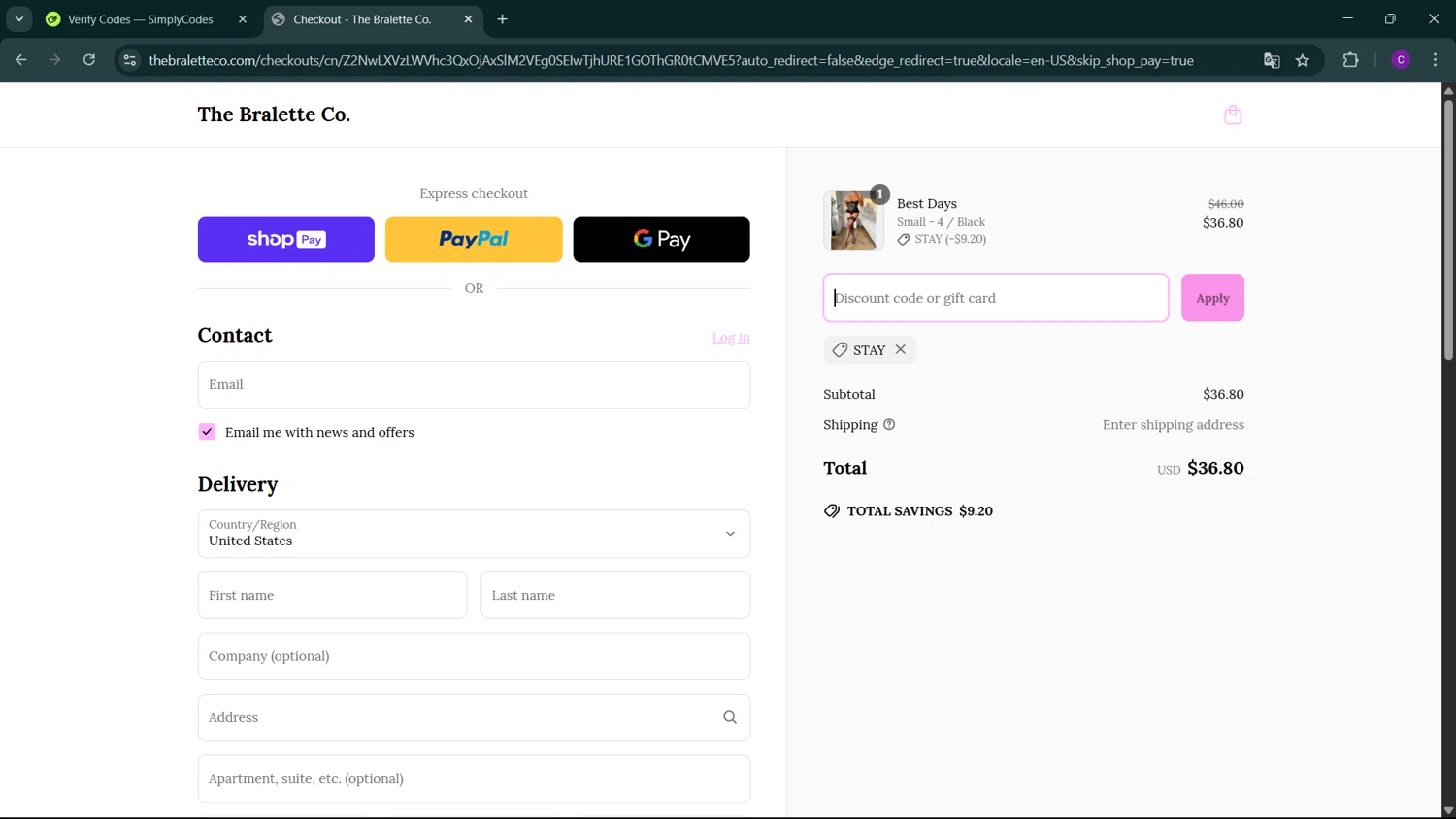 The Bralette Co discount code screenshot showing code STAY applied at The Bralette Co checkout page. Uploaded by SimplyCodes community member GoldSeeker3096 on Apr 19, 2025