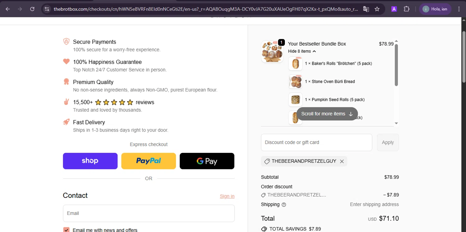 The Brot Box discount code screenshot showing code THEBEERANDPRETZELGUY applied at The Brot Box checkout page. Uploaded by SimplyCodes community member PrimeSentinel5869 on Nov 24, 2025