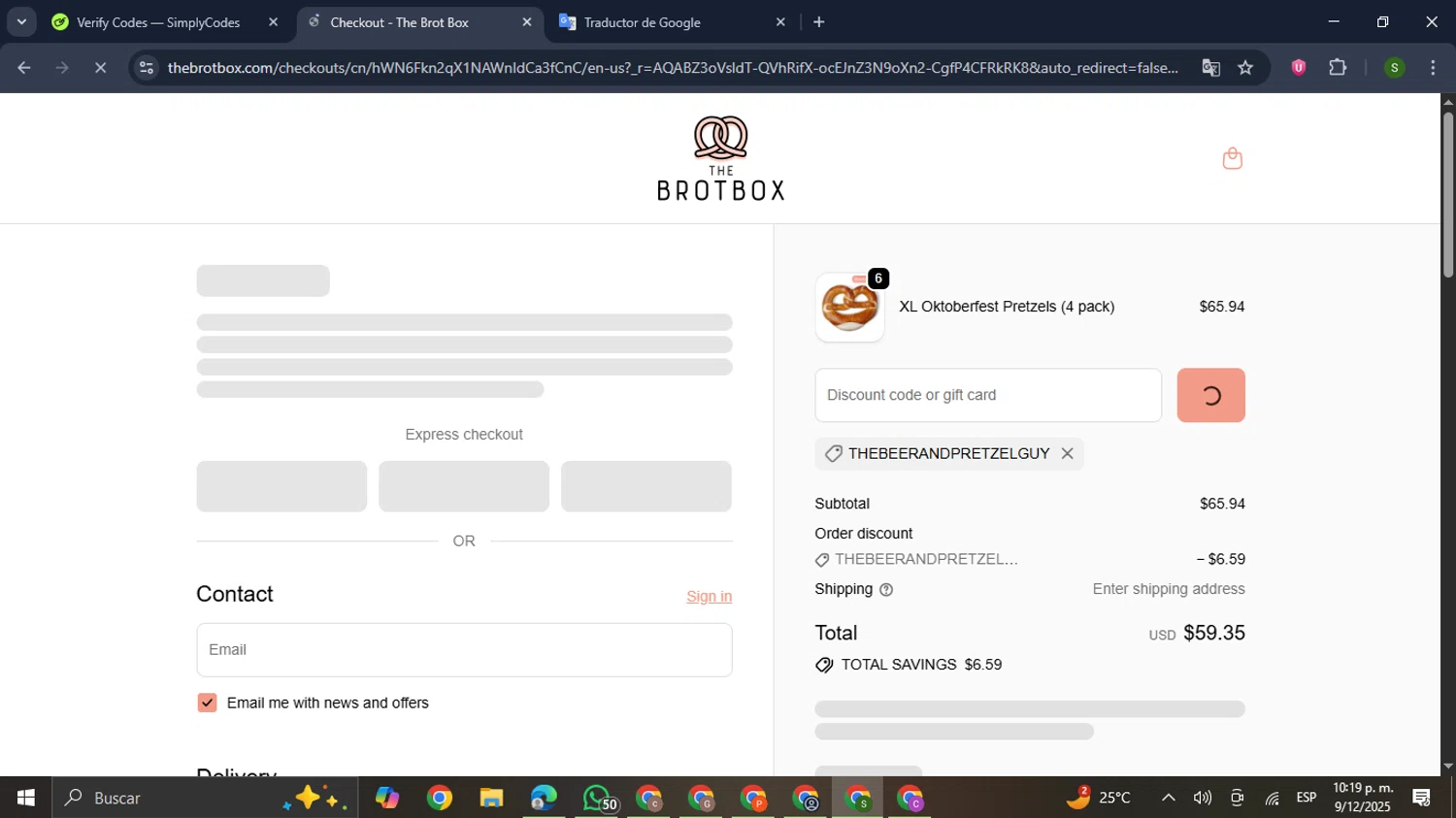 The Brot Box discount code screenshot showing code THEBEERANDPRETZELGUY applied at The Brot Box checkout page. Uploaded by SimplyCodes community member RewardMaverick445 on Dec 10, 2025