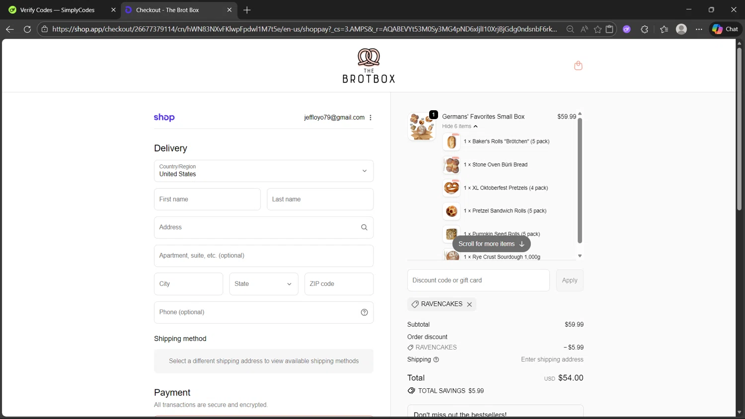 The Brot Box discount code screenshot showing code RAVENCAKES applied at The Brot Box checkout page. Uploaded by SimplyCodes community member dragonjeffer_93a9 on Jan 26, 2026