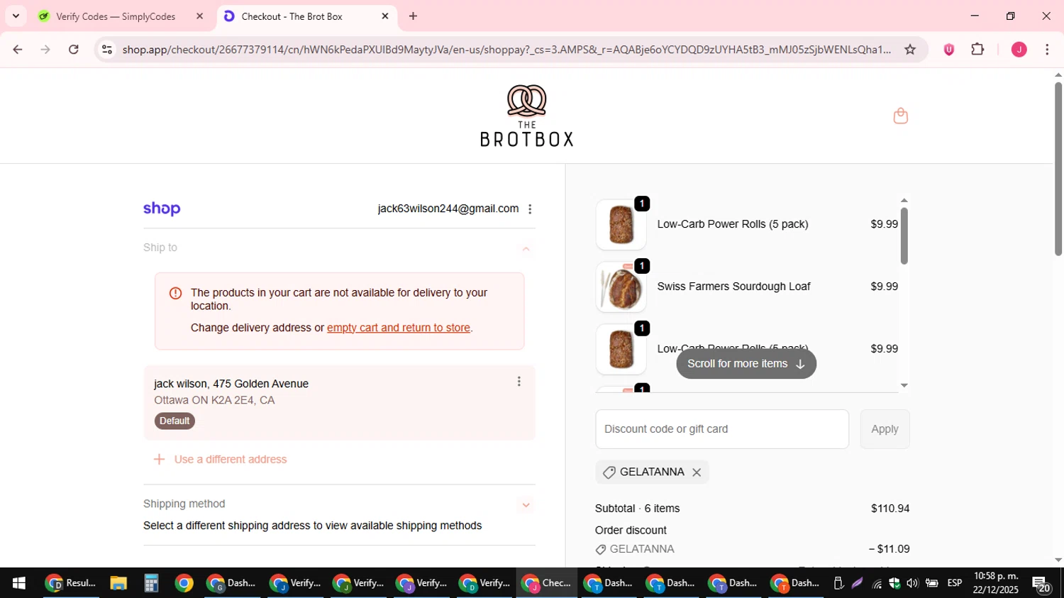 The Brot Box discount code screenshot showing code gelatanna applied at The Brot Box checkout page. Uploaded by SimplyCodes community member JackWilson63 on Dec 23, 2025