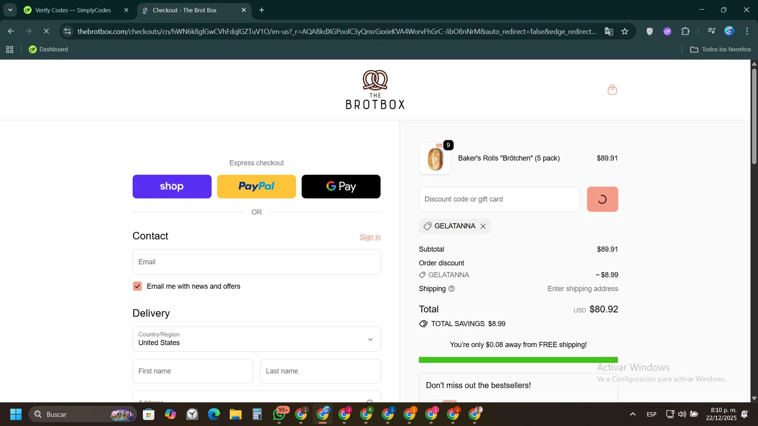The Brot Box discount code screenshot showing code gelatanna applied at The Brot Box checkout page. Uploaded by SimplyCodes community member VictoriousPioneer4638 on Dec 23, 2025