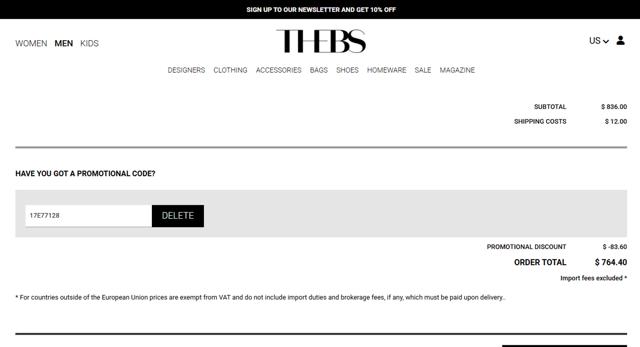 THEBS checkout page showing THEBS promo code box | Screenshot taken by SimplyCodes community member on Aug 31, 2025