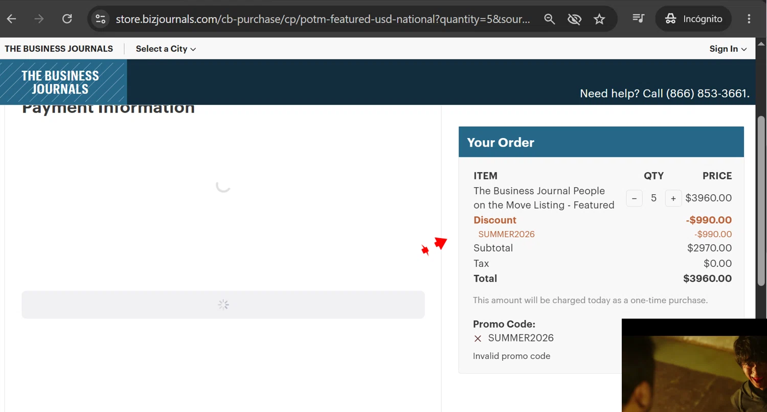 The Business Journals promo code screenshot showing code SUMMER2026 applied at The Business Journals checkout page. Uploaded by SimplyCodes community member anosesmith on Jun 17, 2026