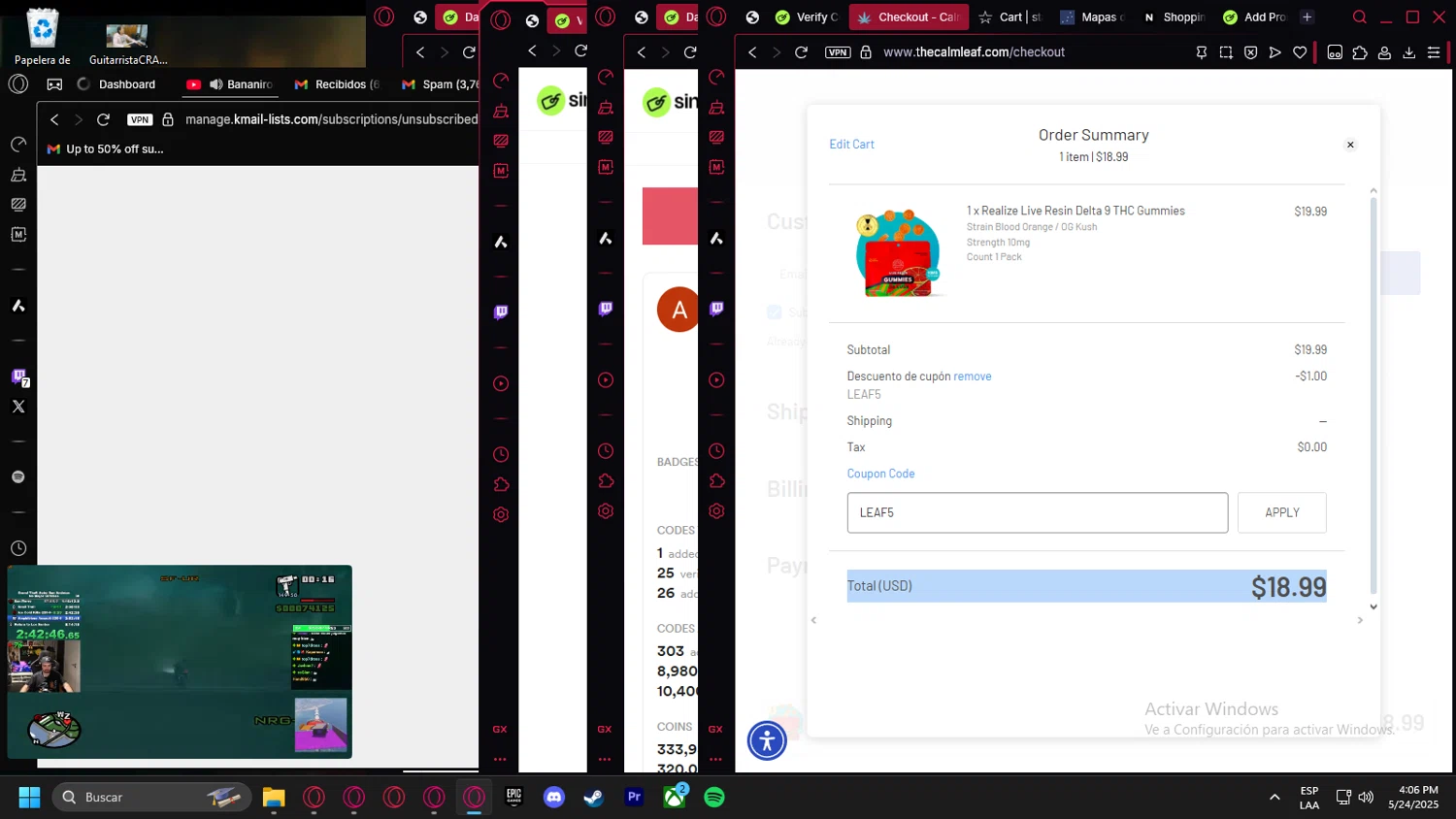 The Calm Leaf coupon code screenshot showing code LEAF5 applied at The Calm Leaf checkout page. Uploaded by SimplyCodes community member Handivlak on May 24, 2025