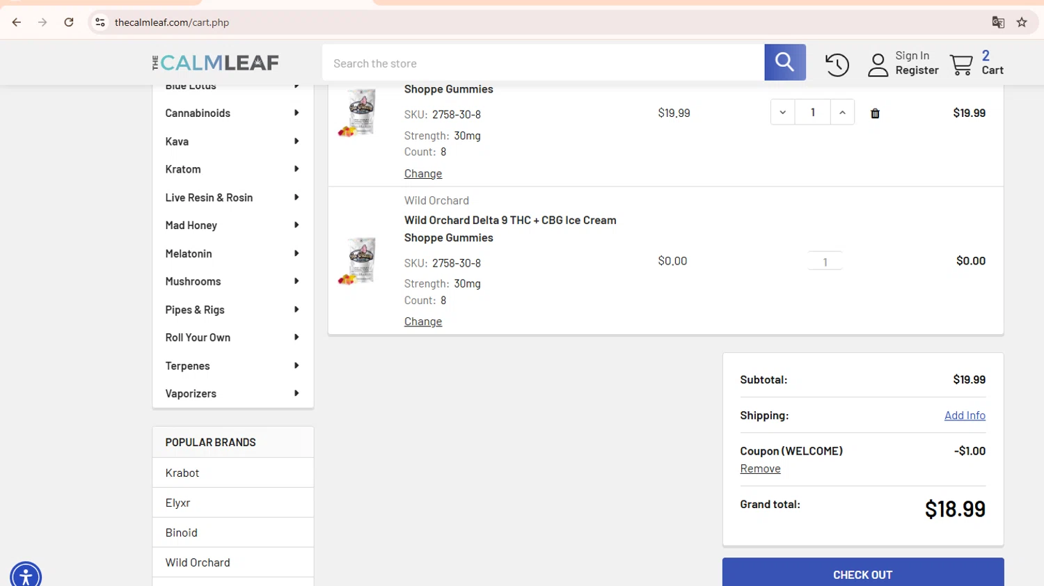 The Calm Leaf coupon code screenshot showing code WELCOME applied at The Calm Leaf checkout page. Uploaded by SimplyCodes community member SwiftSage9854 on May 24, 2025