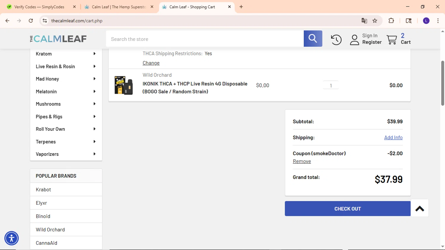 The Calm Leaf coupon code screenshot showing code smokeDoctor applied at The Calm Leaf checkout page. Uploaded by SimplyCodes community member EpicWarden3081 on May 24, 2025