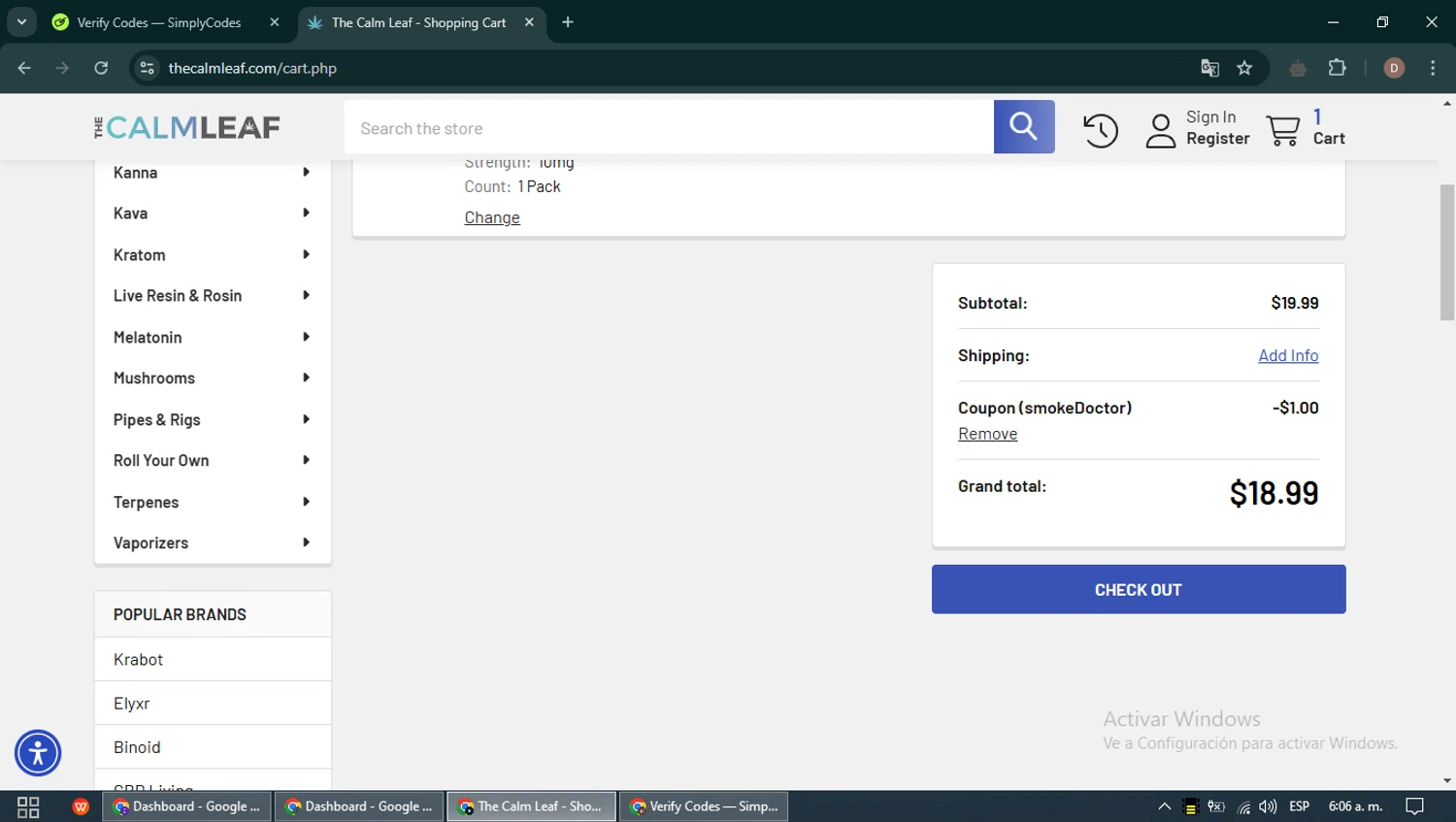 The Calm Leaf coupon code screenshot showing code smokeDoctor applied at The Calm Leaf checkout page. Uploaded by SimplyCodes community member RoyalDefender5750 on Dec 30, 2024