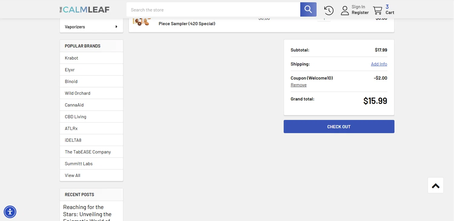 The Calm Leaf coupon code screenshot showing code Welcome10 applied at The Calm Leaf checkout page. Uploaded by SimplyCodes community member BrillianteMaestro892 on Apr 18, 2025