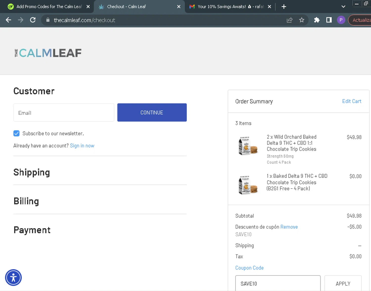 The Calm Leaf coupon code screenshot showing code SAVE10 applied at The Calm Leaf checkout page. Uploaded by SimplyCodes community member ParisSmith on Oct 14, 2025