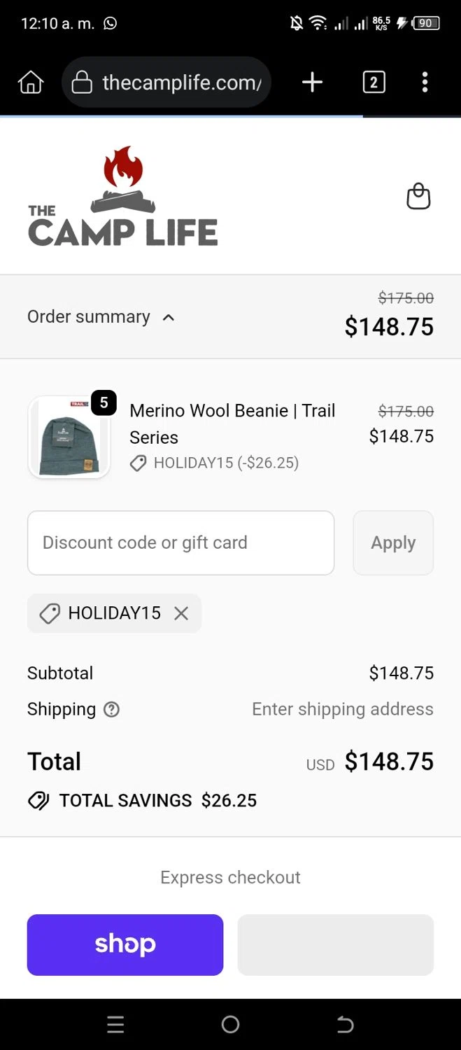 The Camp Life promo code screenshot showing code HOLIDAY15 applied at The Camp Life checkout page. Uploaded by SimplyCodes community member CleverSleuth6613 on Nov 4, 2025